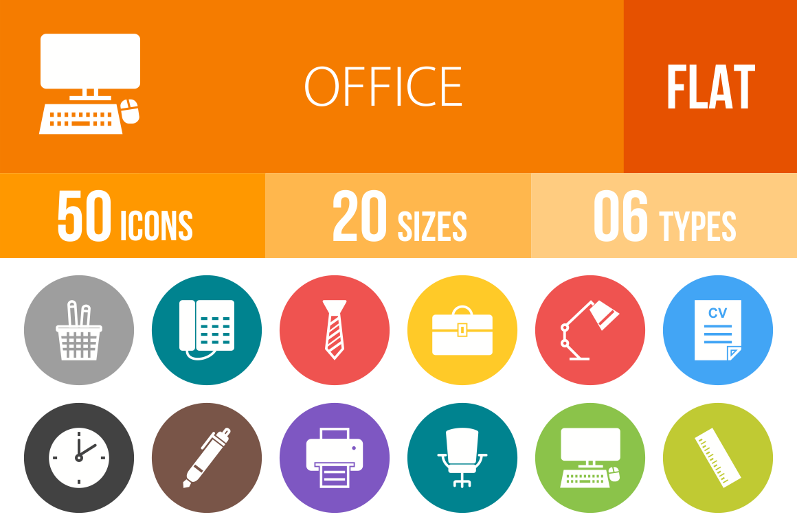 50 Office Flat Round Icons - Overview - IconBunny