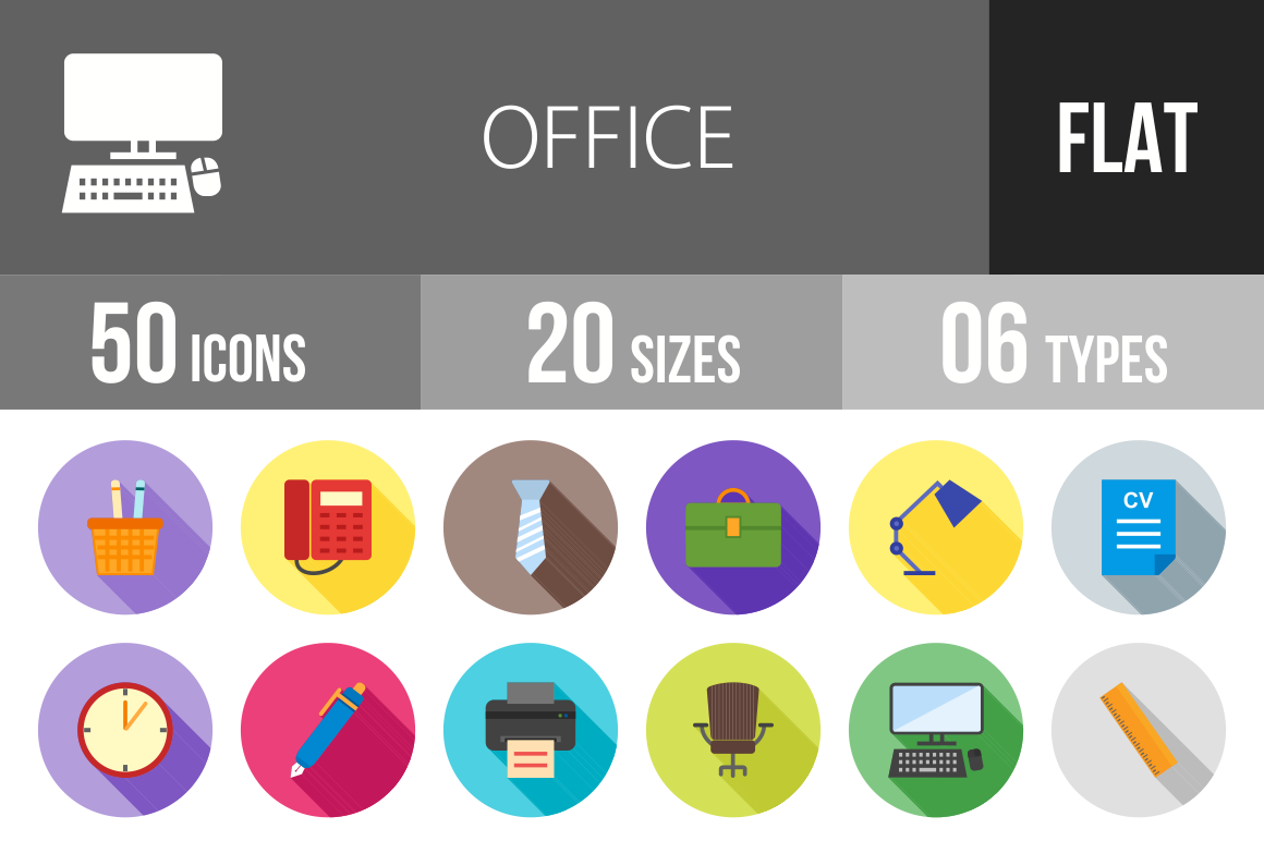 50 Office Flat Shadowed Icons - Overview - IconBunny
