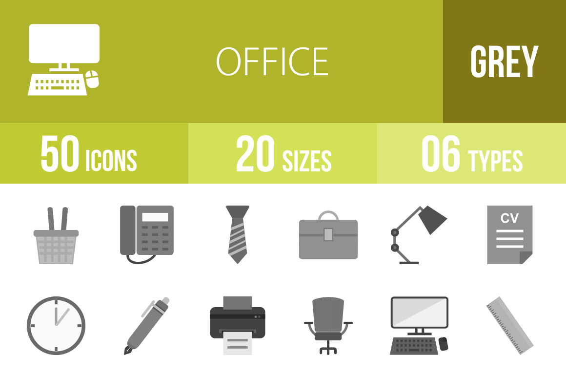 50 Office Greyscale Icons - Overview - IconBunny