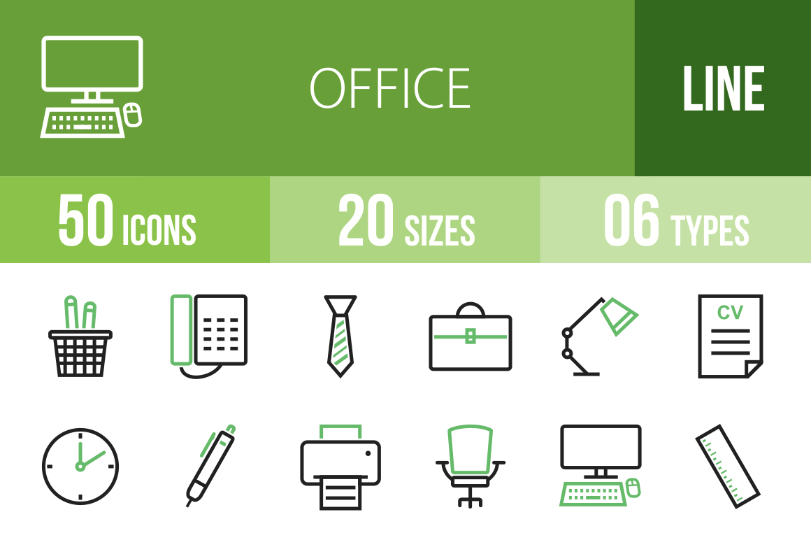 50 Office Line Green & Black Icons - Overview - IconBunny