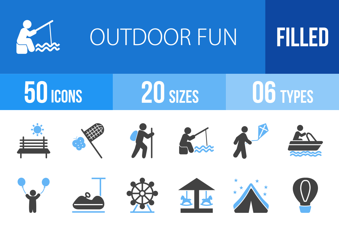 50 Outdoor Fun Blue Black Icons - Overview - IconBunny