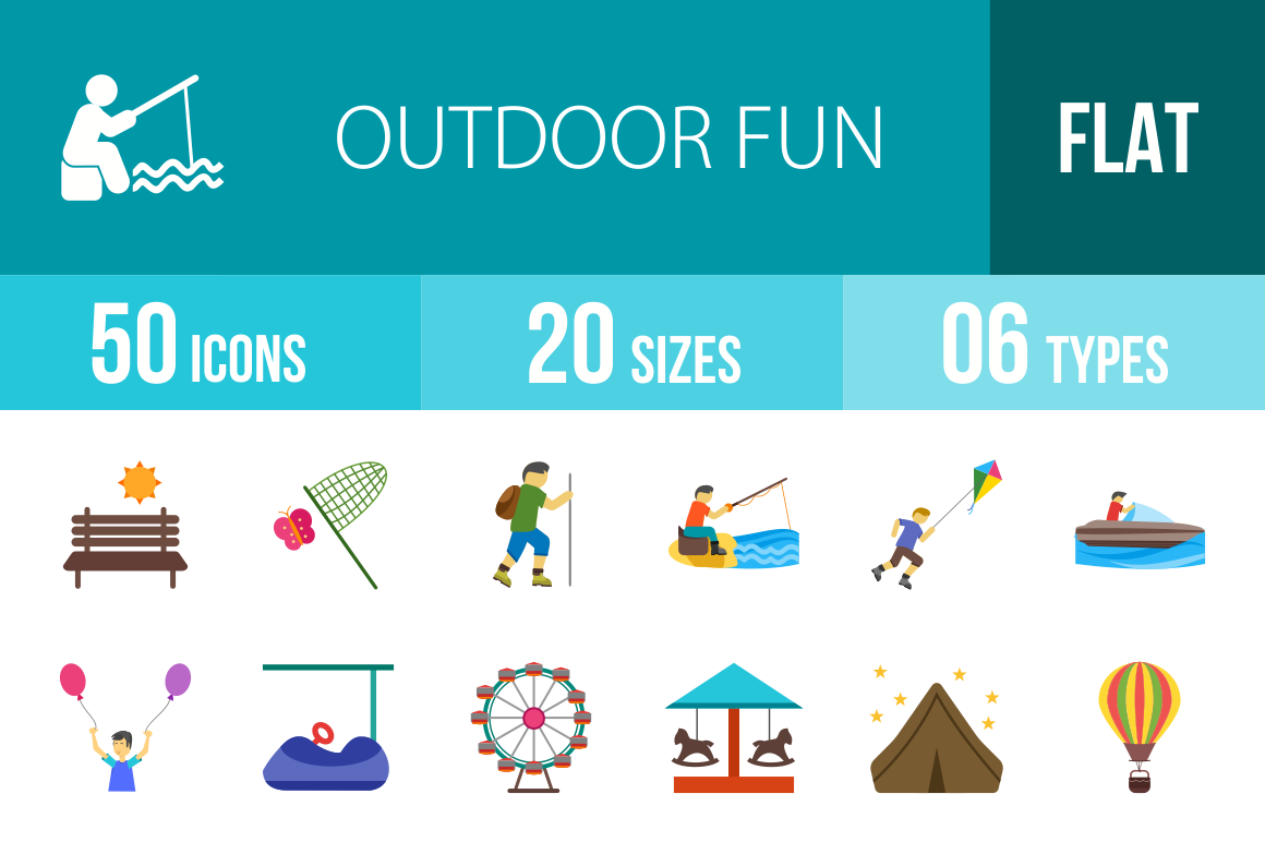 50 Outdoor Fun Flat Multicolor Icons - Overview - IconBunny