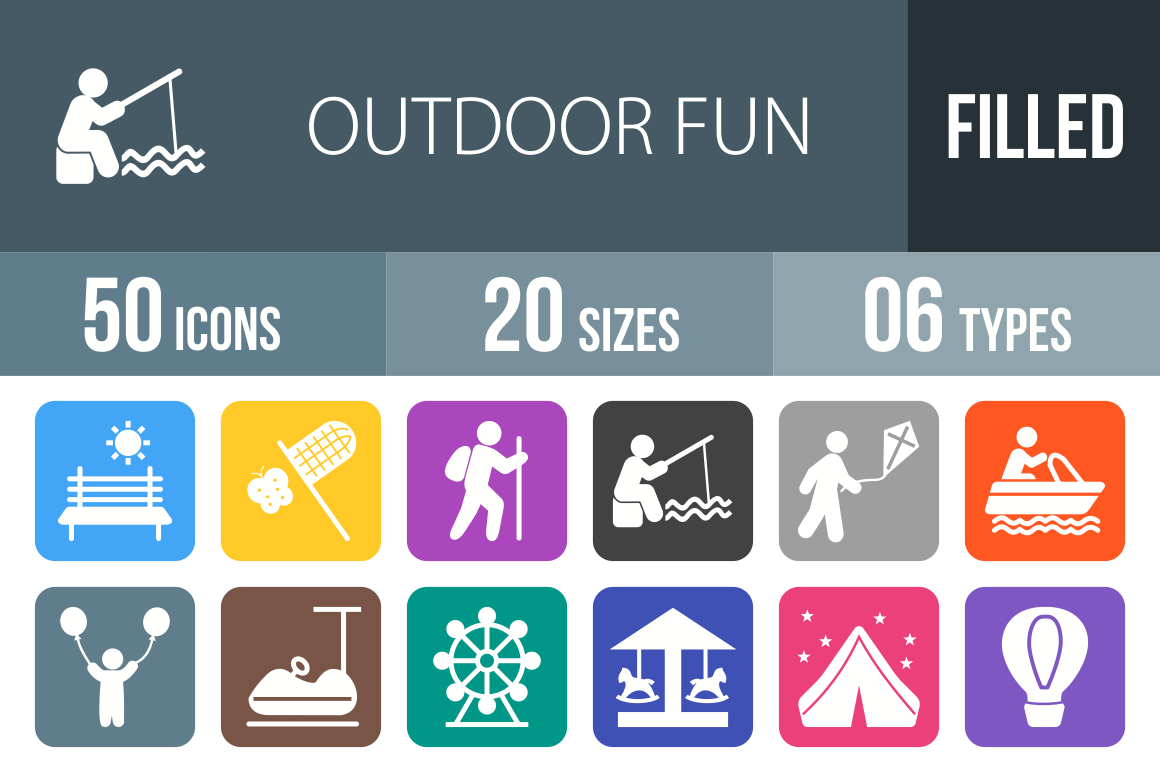 50 Outdoor Fun Flat Round Corner Icons - Overview - IconBunny