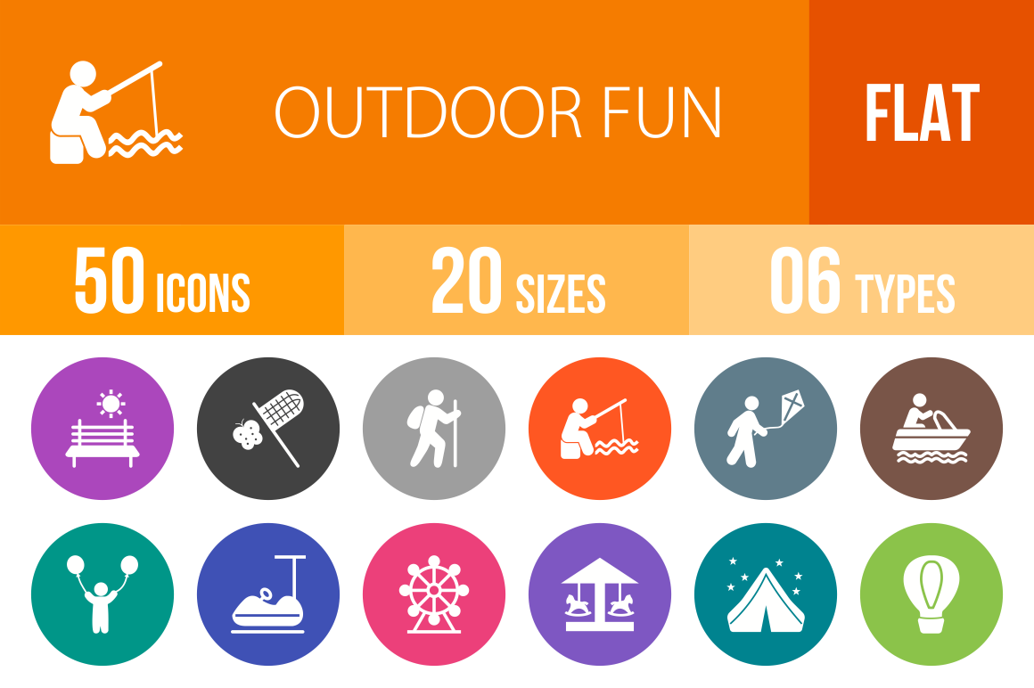 50 Outdoor Fun Flat Round Icons - Overview - IconBunny