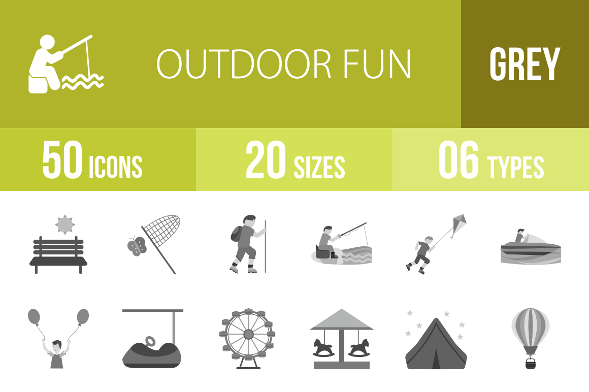 50 Outdoor Fun Greyscale Icons - Overview - IconBunny