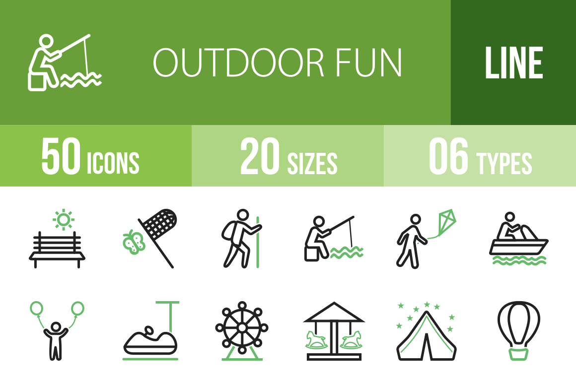 50 Outdoor Fun Line Green Black Icons - Overview - IconBunny
