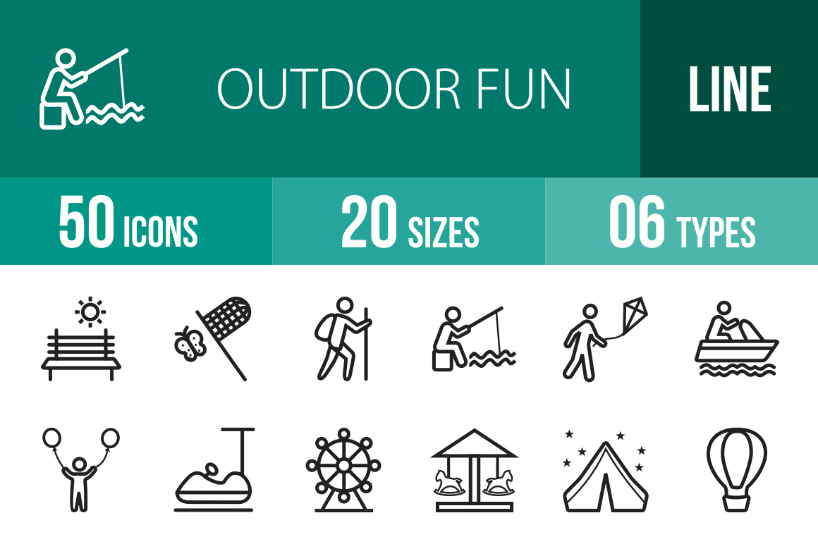 50 Outdoor Fun Line Icons - Overview - IconBunny