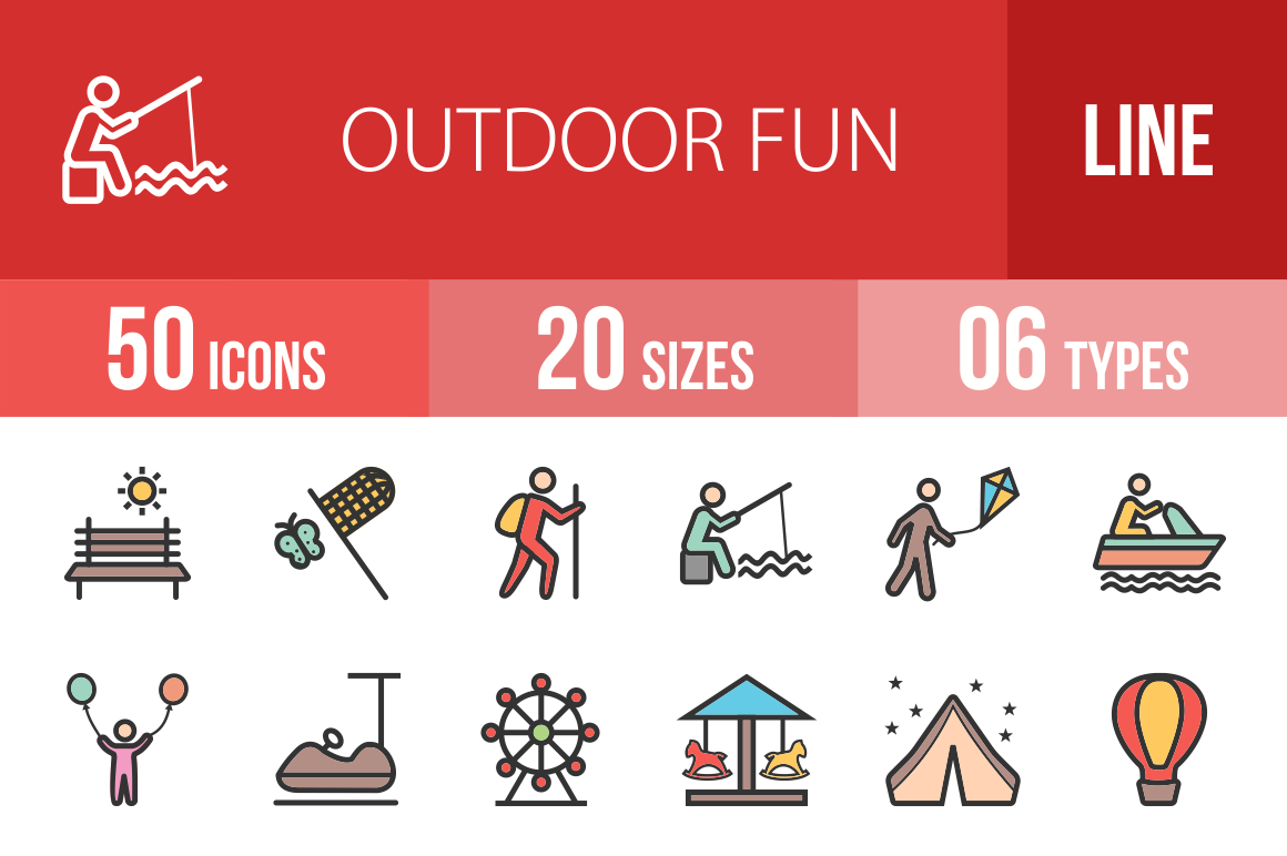 50 Outdoor Fun Line Multicolor Filled Icons - Overview - IconBunny