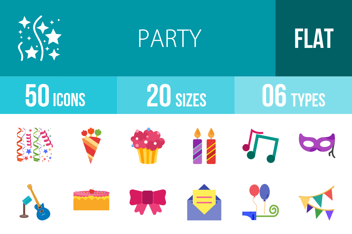 50 Party Flat Multicolor Icons - Overview - IconBunny