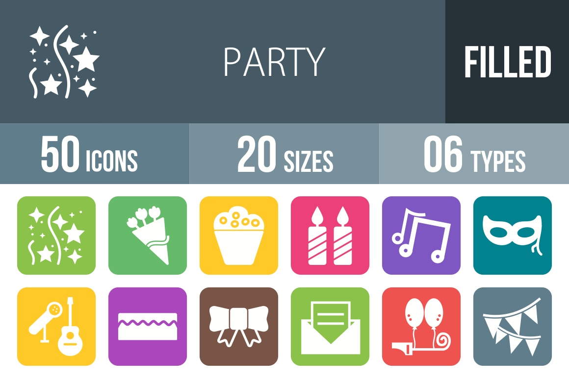50 Party Flat Round Corner Icons - Overview - IconBunny