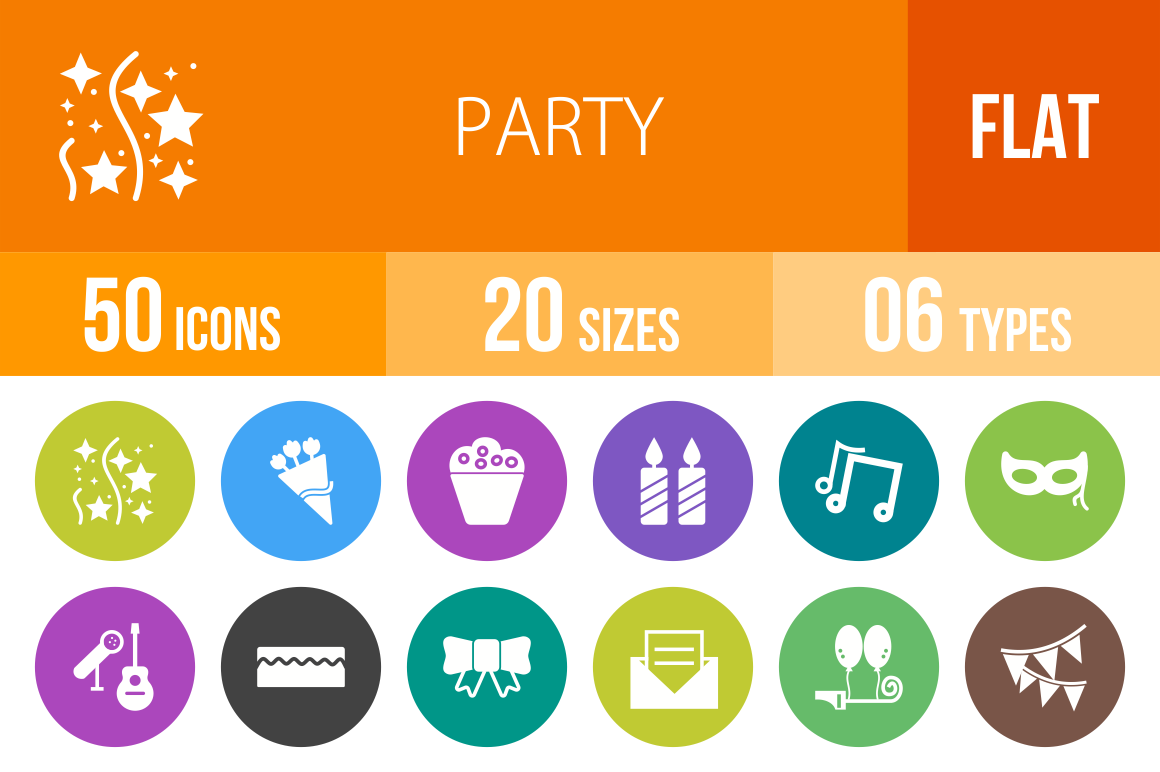 50 Party Flat Round Icons - Overview - IconBunny