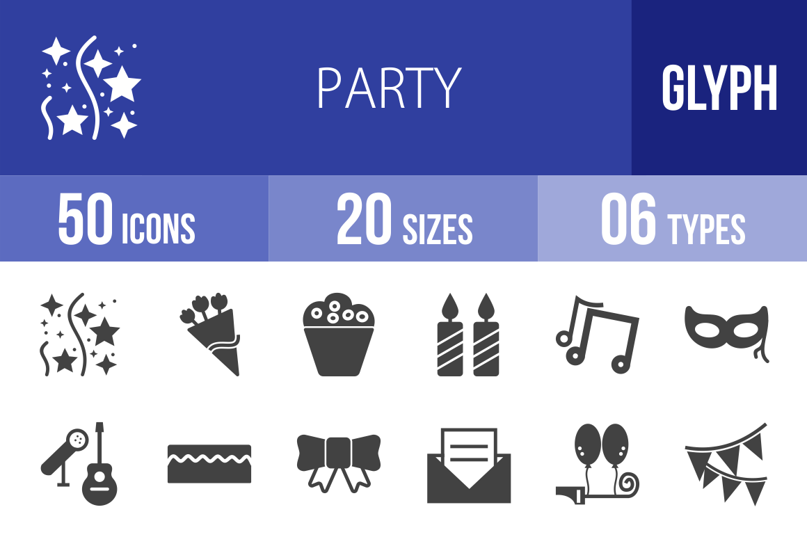 50 Party Glyph Icons - Overview - IconBunny