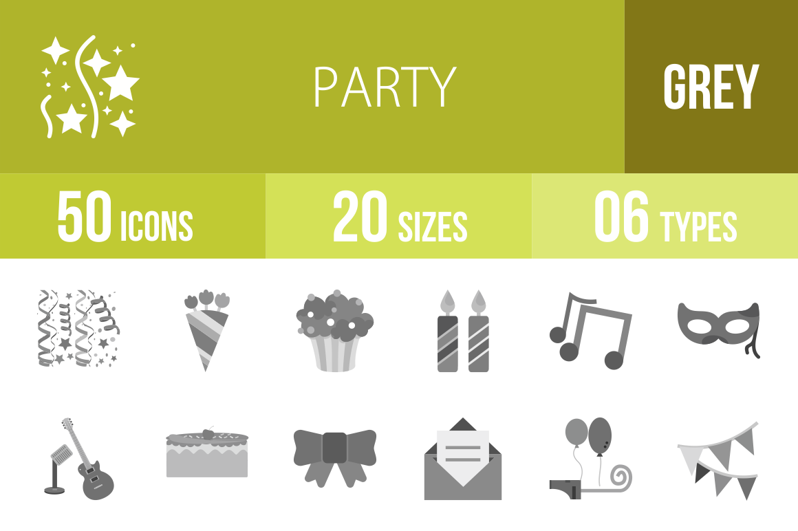 50 Party Greyscale Icons - Overview - IconBunny