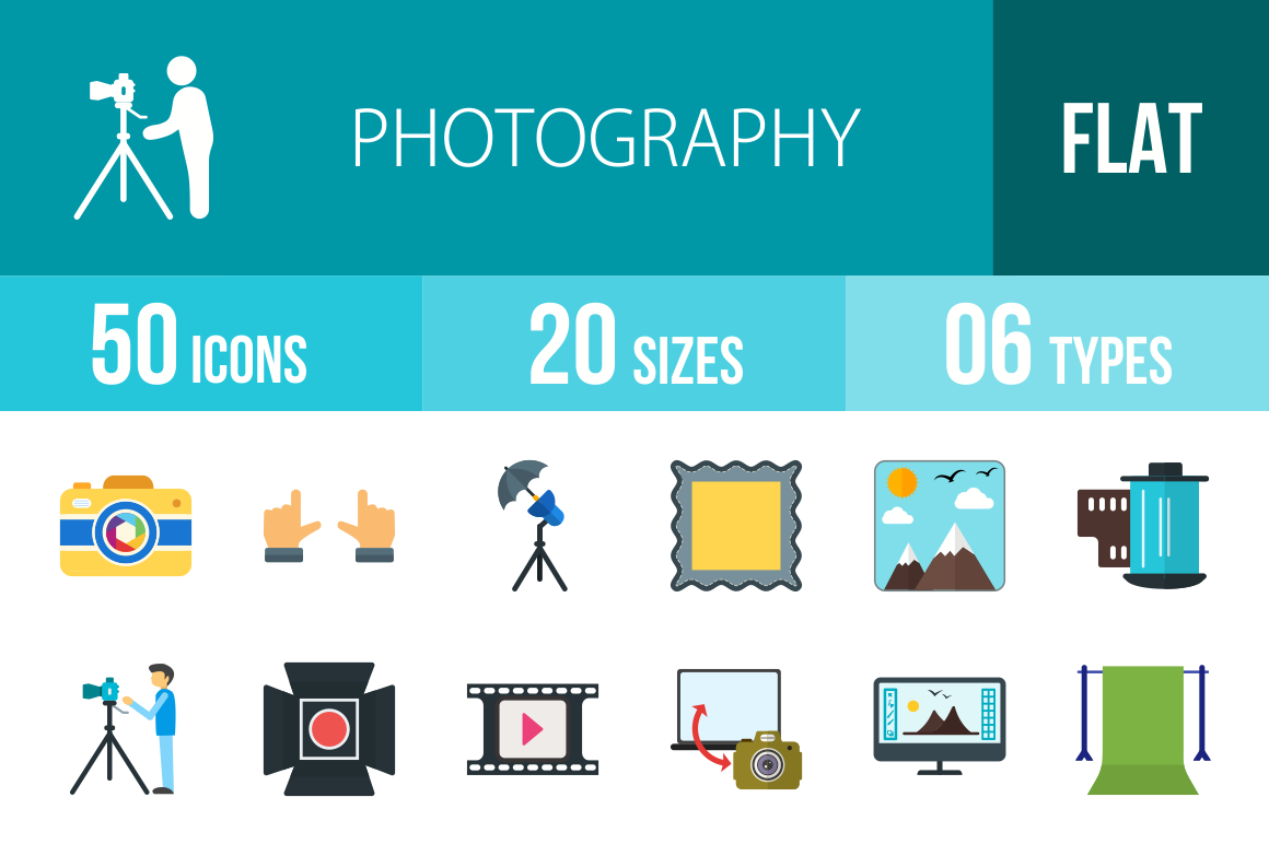 50 Photography Flat Multicolor Icons - Overview - IconBunny