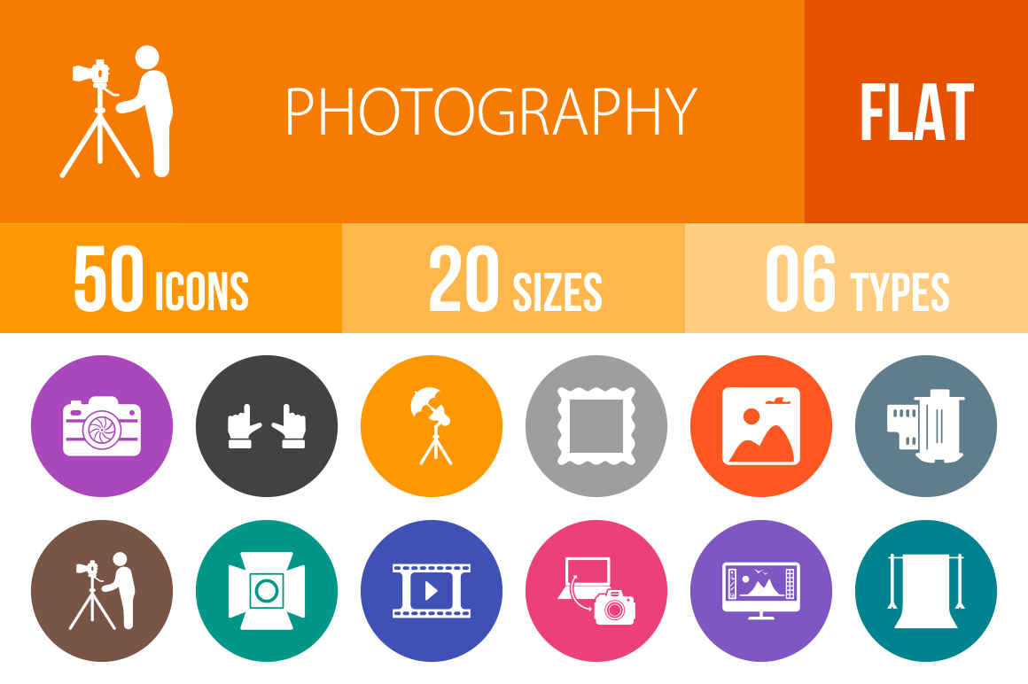50 Photography Flat Round Icons - Overview - IconBunny