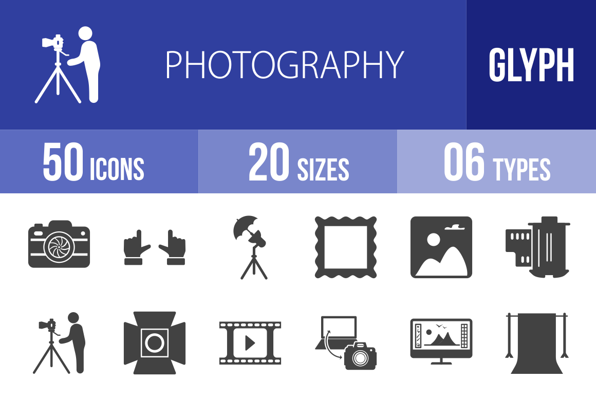 50 Photography Glyph Icons - Overview - IconBunny