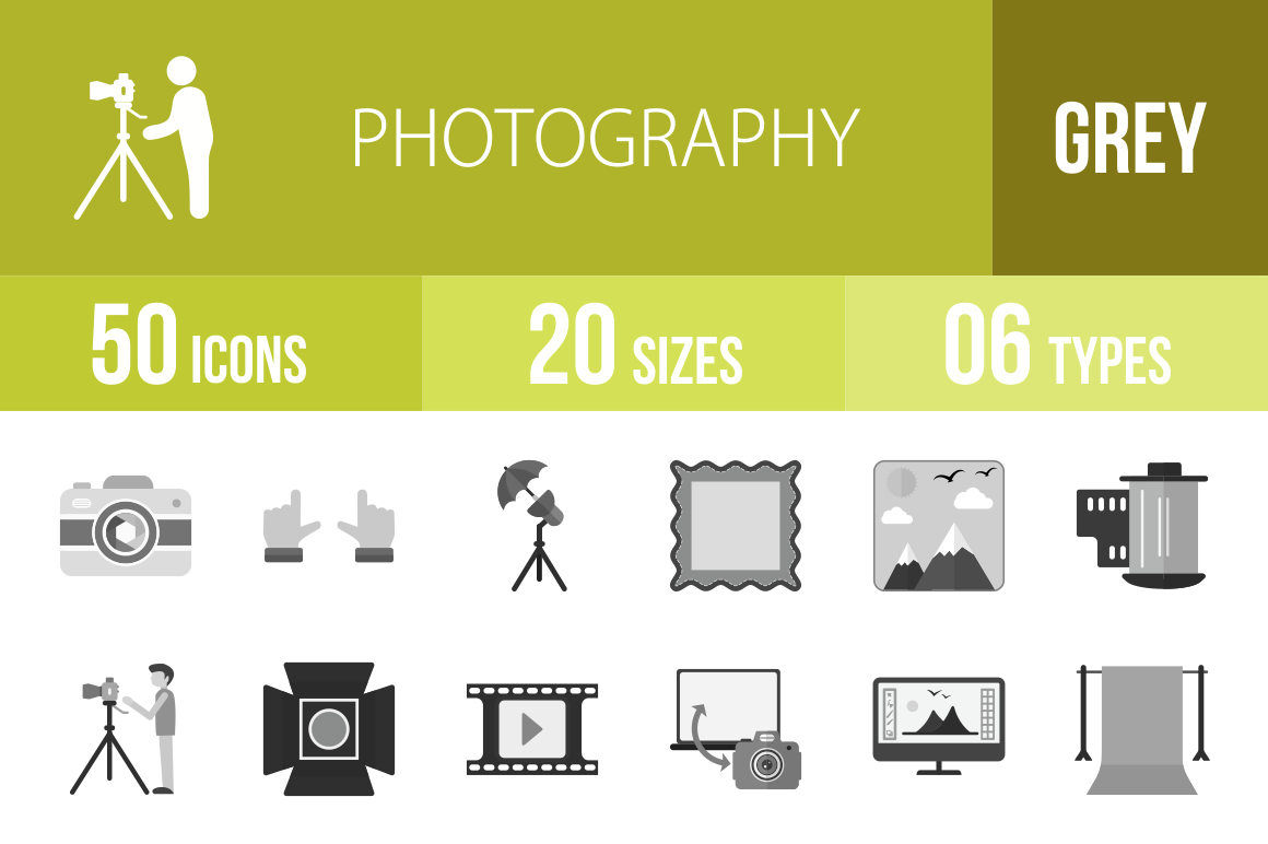 50 Photography Greyscale Icons - Overview - IconBunny