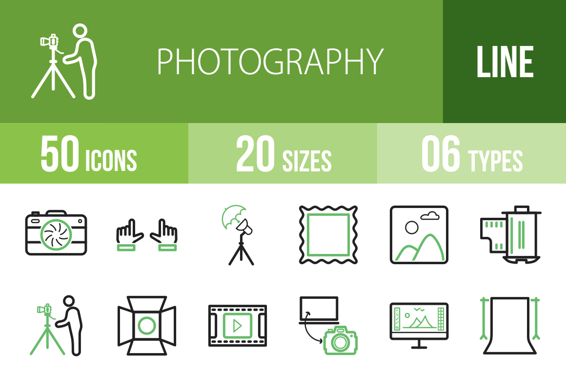50 Photography Line Green Black Icons - Overview - IconBunny