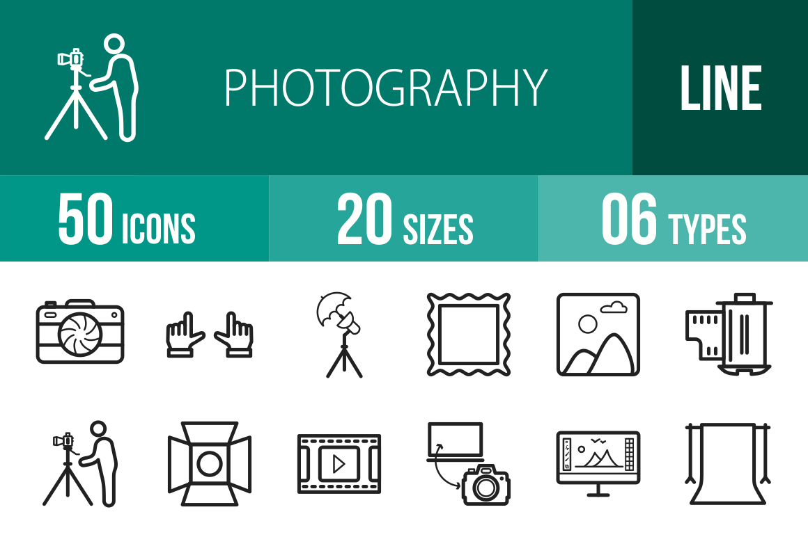 50 Photography Line Icons - Overview - IconBunny
