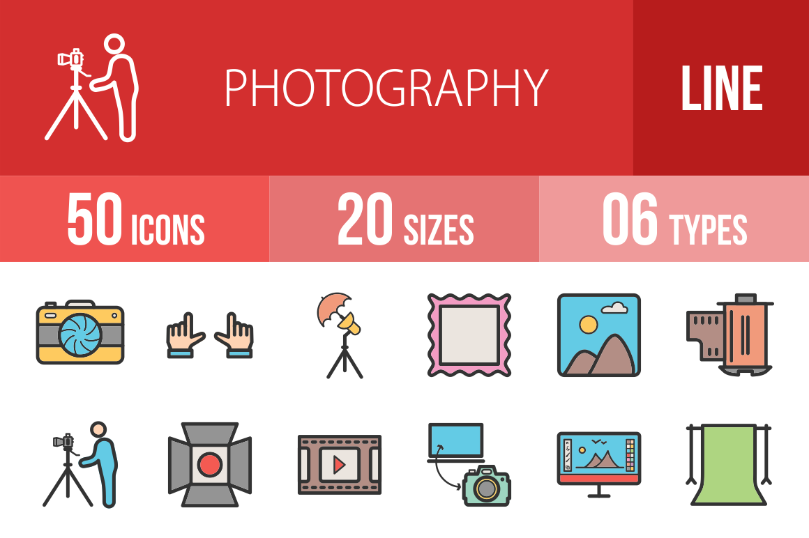 50 Photography Line Multicolor Filled Icons - Overview - IconBunny