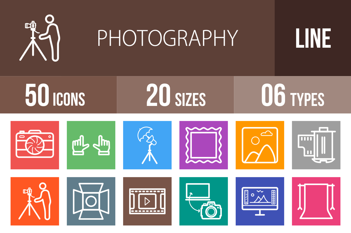 50 Photography Line Multicolor B/G Icons - Overview - IconBunny