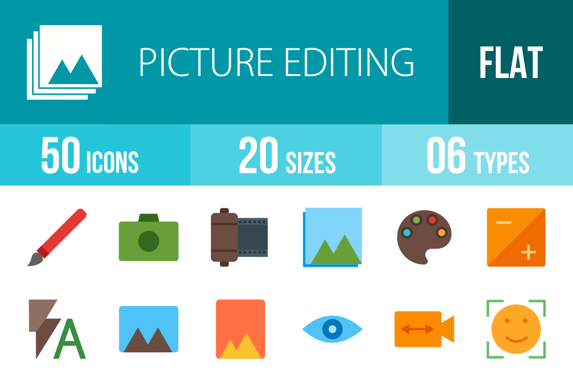 50 Picture Editing Flat Multicolor Icons - Overview - IconBunny
