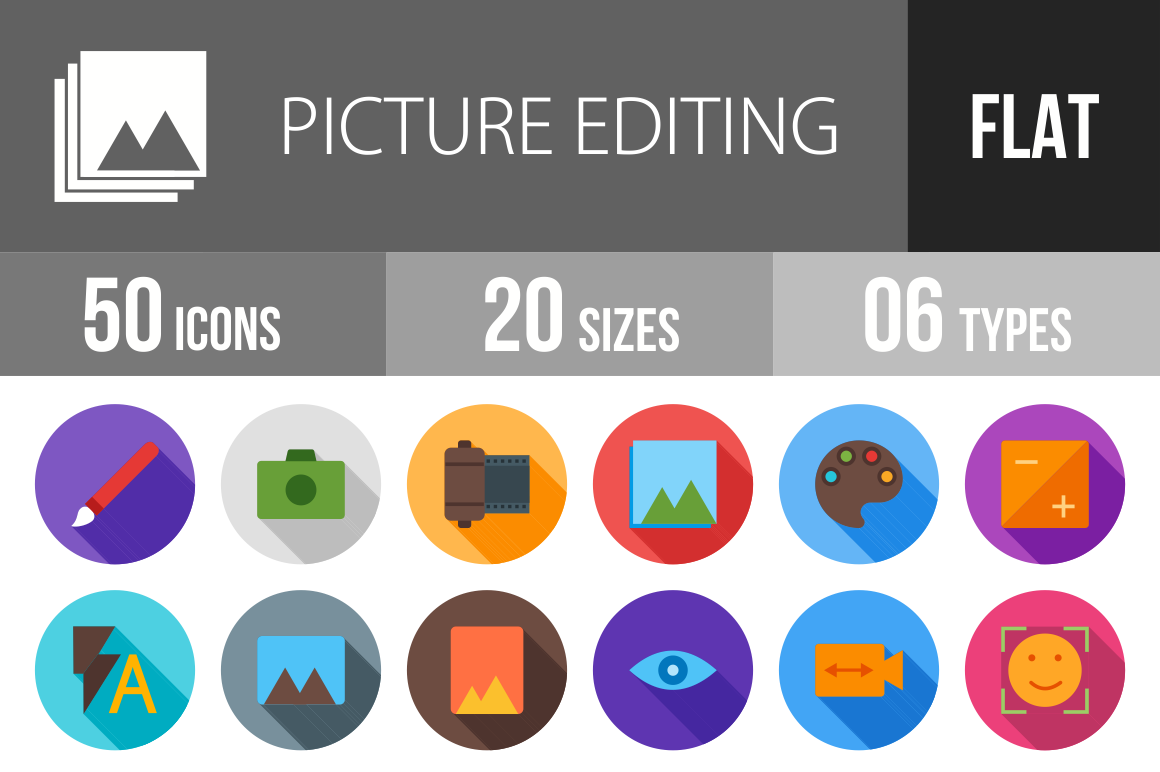 50 Picture Editing Flat Shadowed Icons - Overview - IconBunny