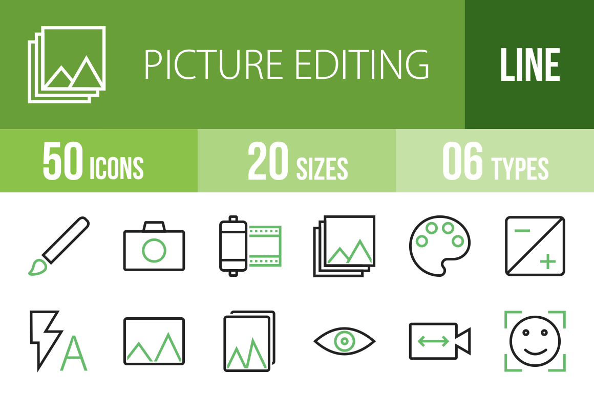 50 Picture Editing Line Green Black Icons - Overview - IconBunny