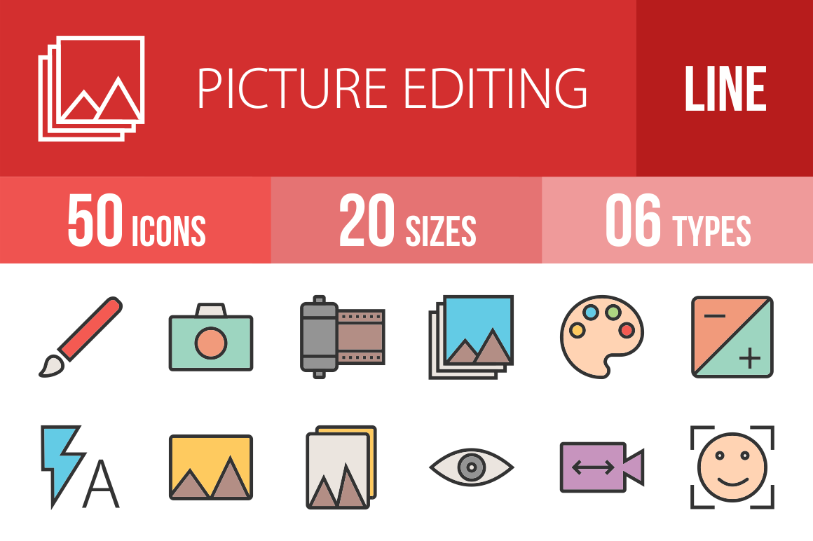 50 Picture Editing Line Multicolor Filled Icons - Overview - IconBunny