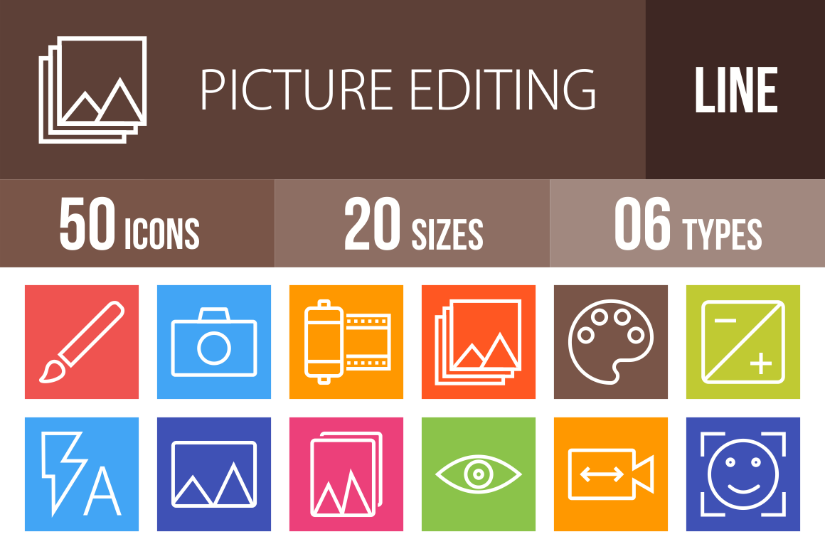 50 Picture Editing Line Multicolor B/G Icons - Overview - IconBunny