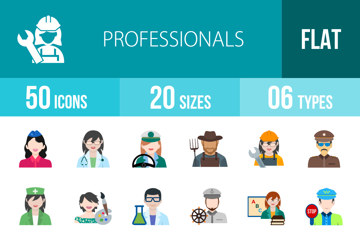 50 Professionals Flat Multicolor Icons - Overview - IconBunny
