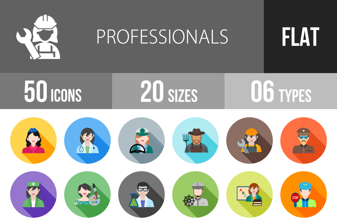 50 Professionals Flat Shadowed Icons - Overview - IconBunny
