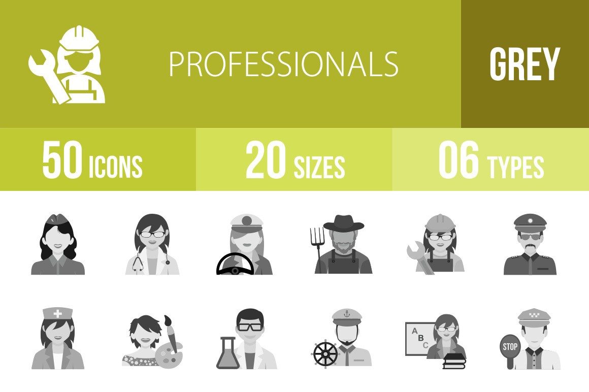 50 Professionals Greyscale Icons - Overview - IconBunny