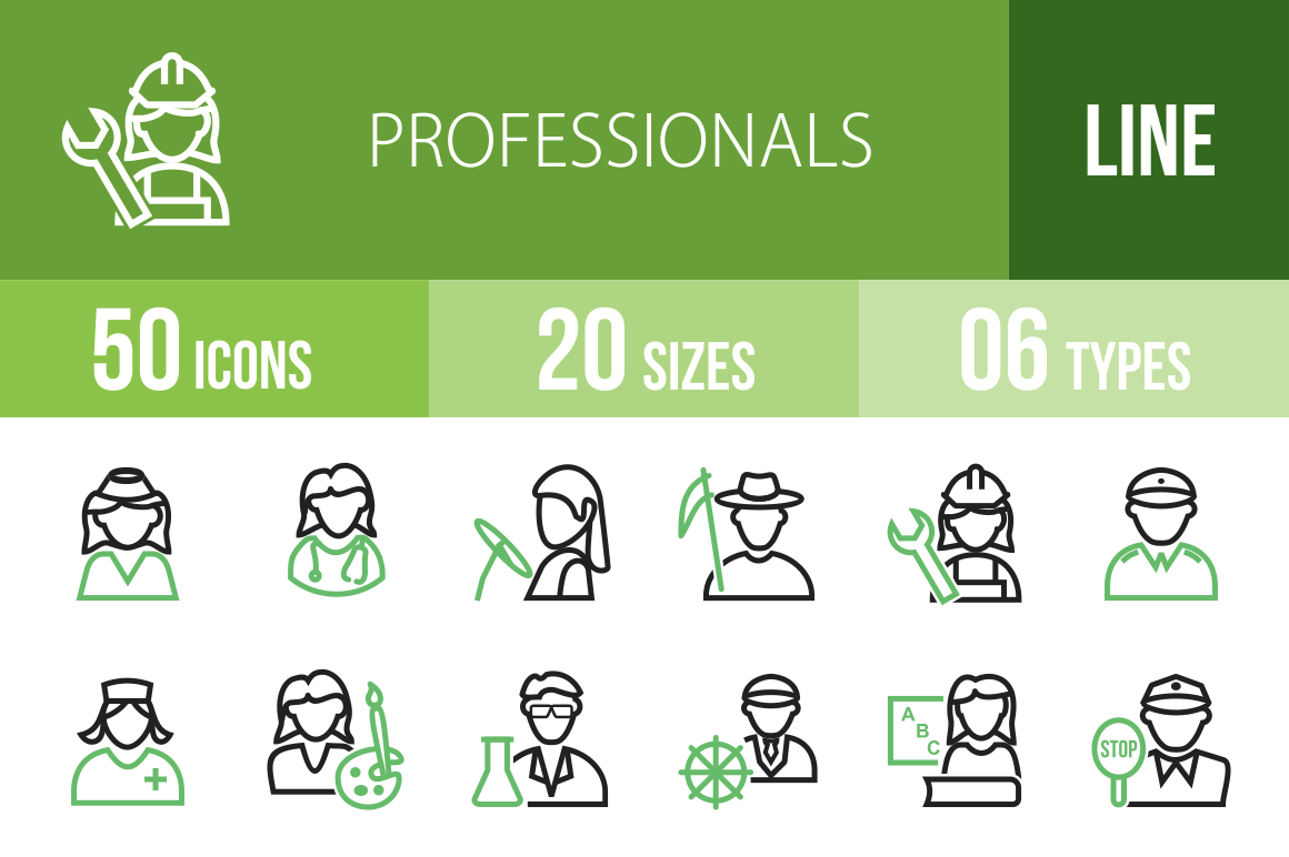 50 Professionals Line Green & Black Icons - Overview - IconBunny