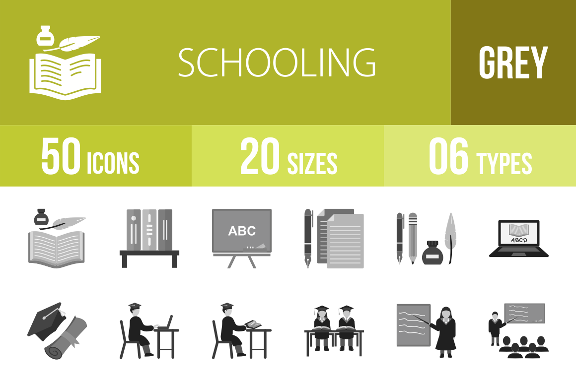 50 Schooling Greyscale Icons - Overview - IconBunny