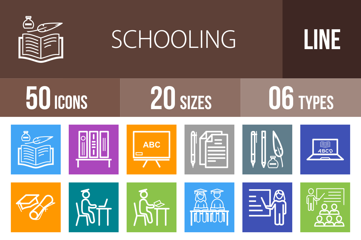 50 Schooling Line Multicolor B/G Icons - Overview - IconBunny