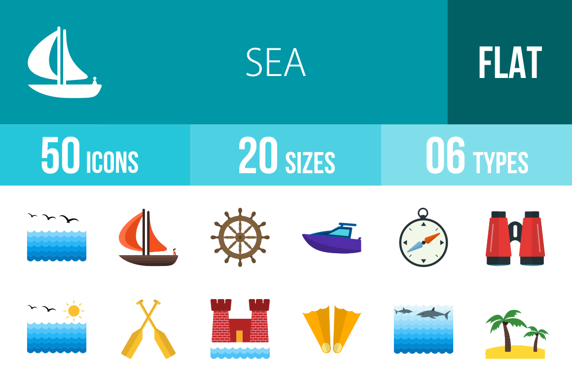 50 Sea Flat Multicolor Icons - Overview - IconBunny