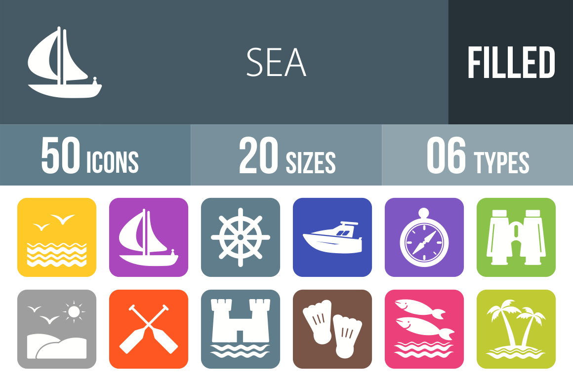 50 Sea Flat Round Corner Icons - Overview - IconBunny