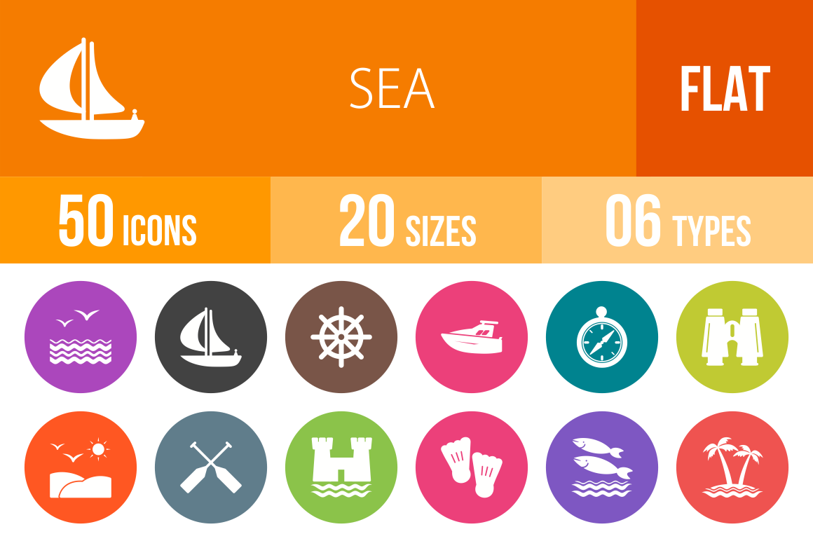 50 Sea Flat Round Icons - Overview - IconBunny