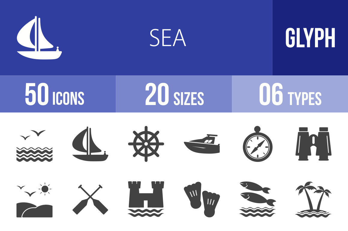 50 Sea Glyph Icons - Overview - IconBunny