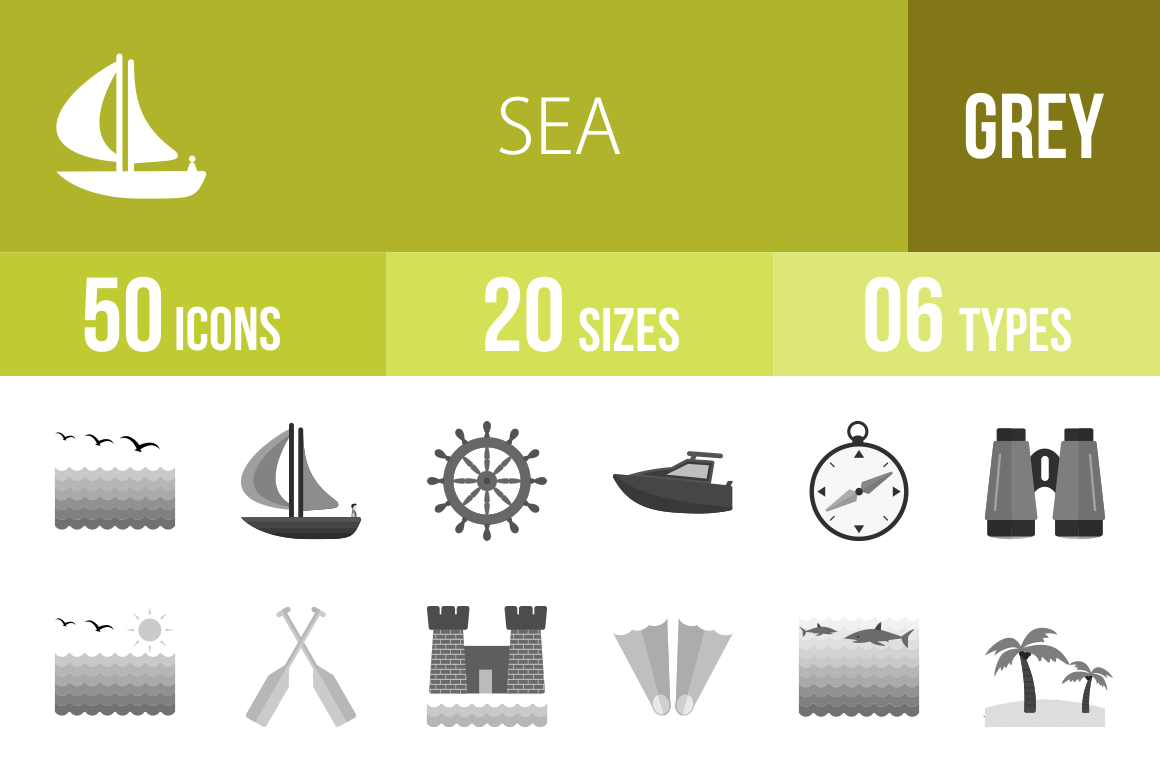 50 Sea Greyscale Icons - Overview - IconBunny