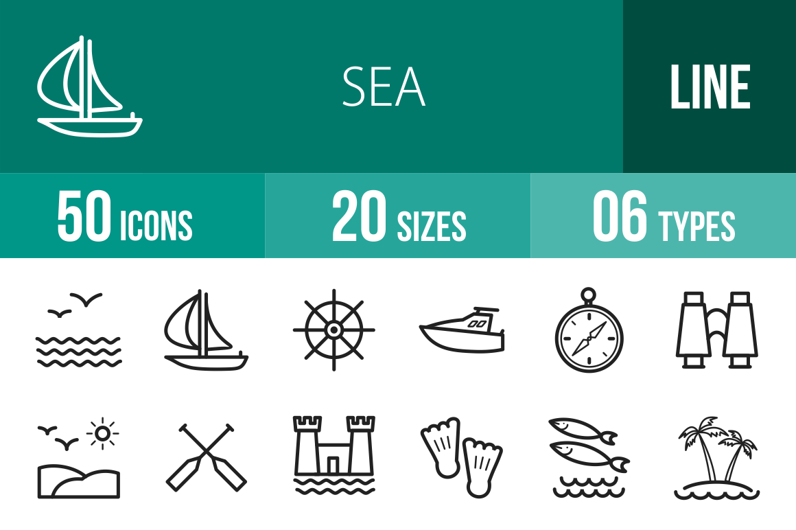 50 Sea Line Icons - Overview - IconBunny