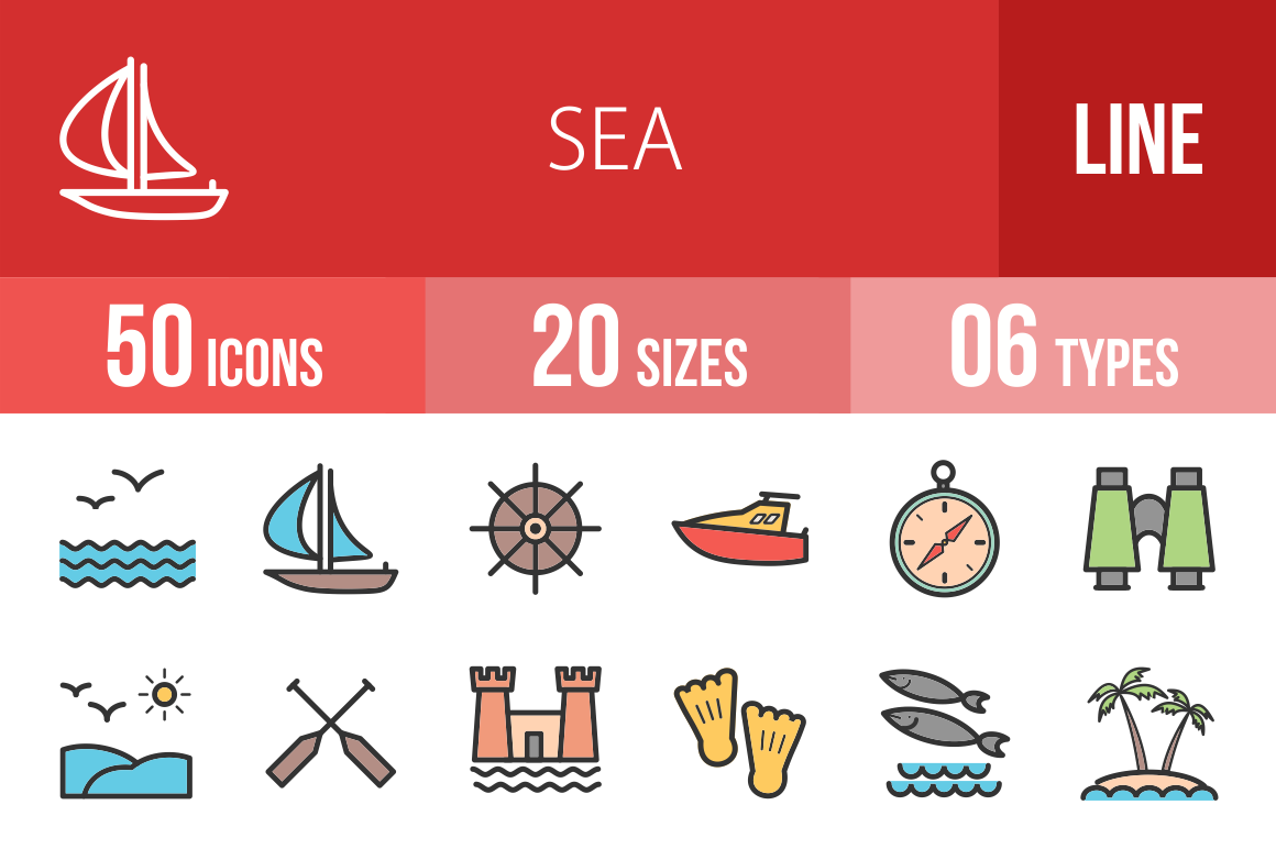 50 Sea Line Multicolor Filled Icons - Overview - IconBunny