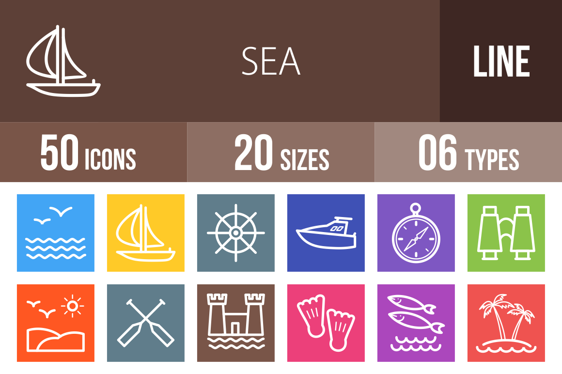 50 Sea Line Multicolor B/G Icons - Overview - IconBunny