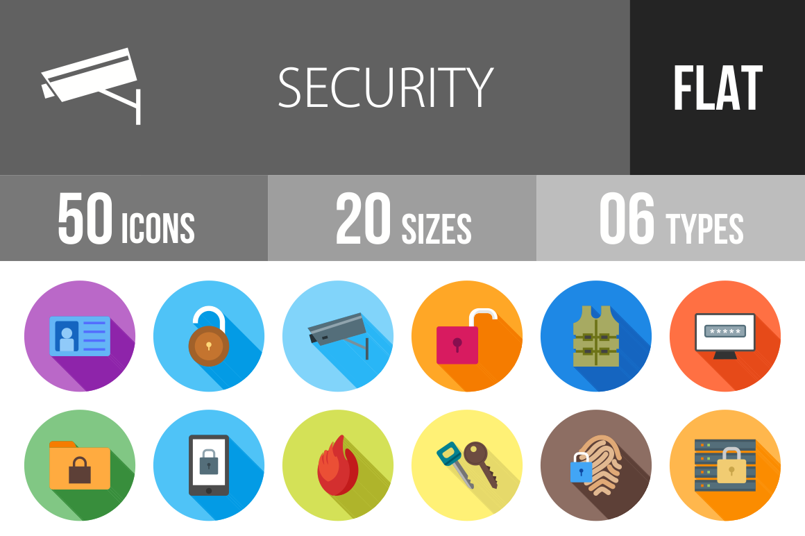 50 Security Flat Shadowed Icons - Overview - IconBunny