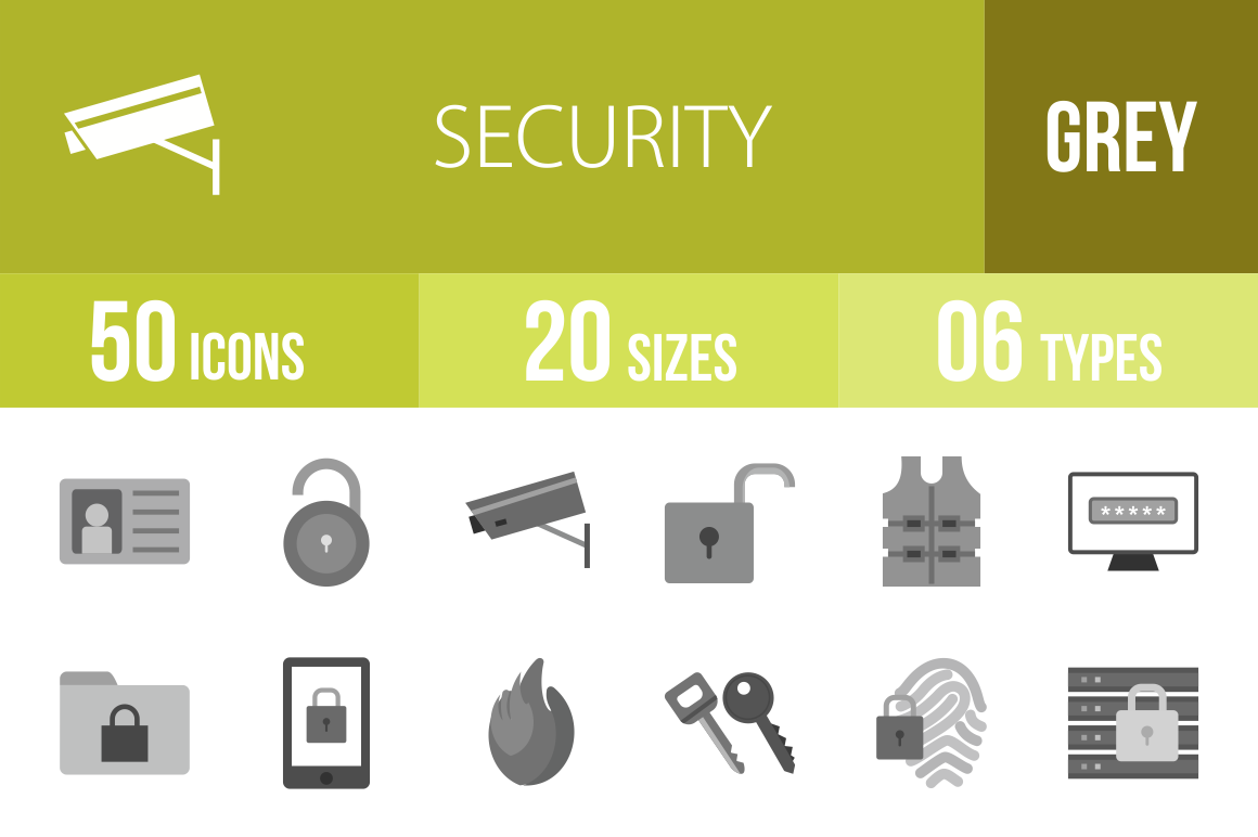 50 Security Greyscale Icons - Overview - IconBunny