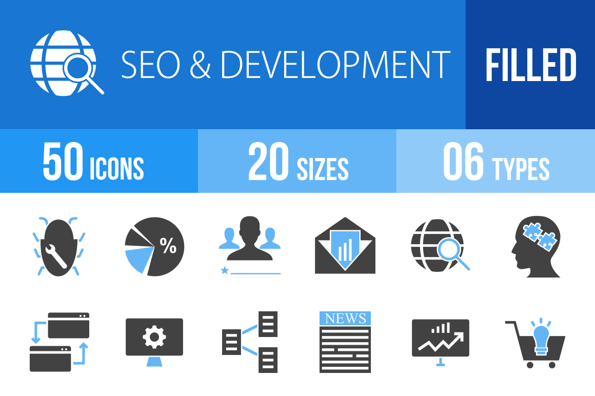 50 SEO & Development Blue Black Icons - Overview - IconBunny