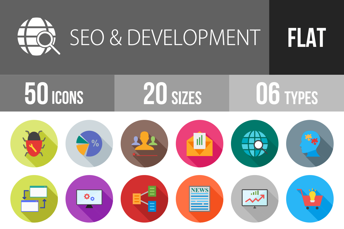 50 SEO & Development Flat Shadowed Icons - Overview - IconBunny