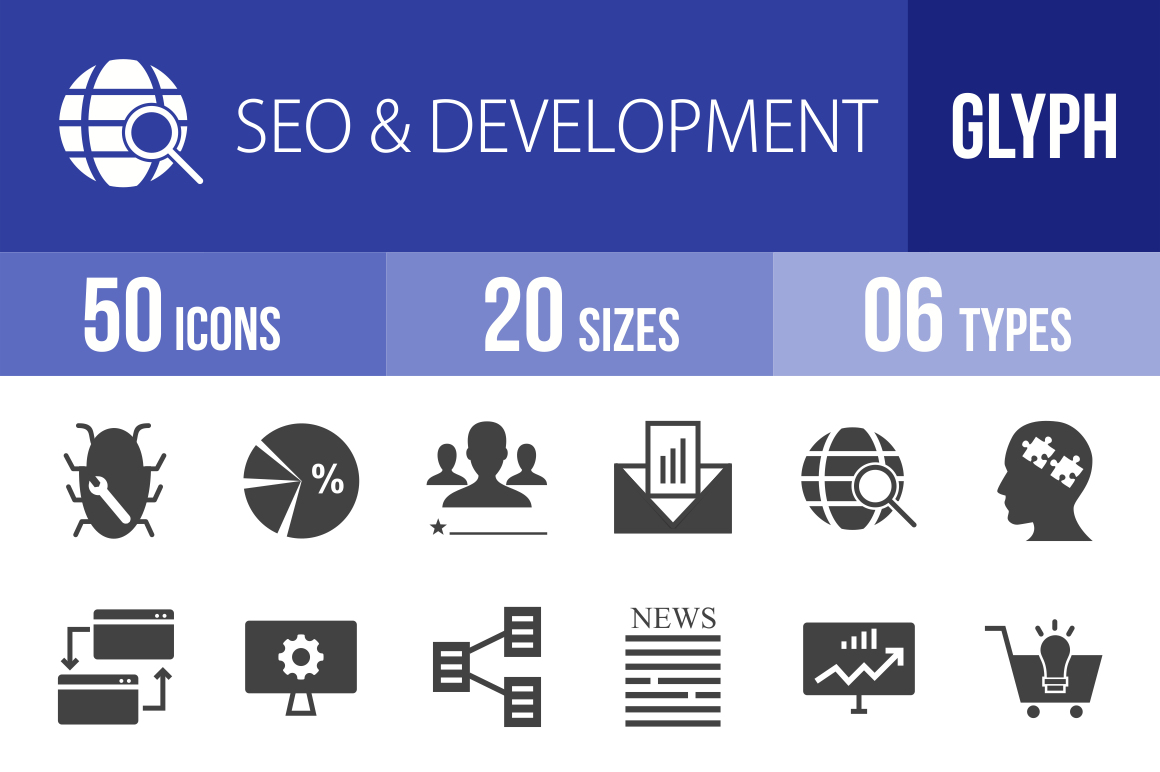 50 SEO & Development Glyph Icons - Overview - IconBunny