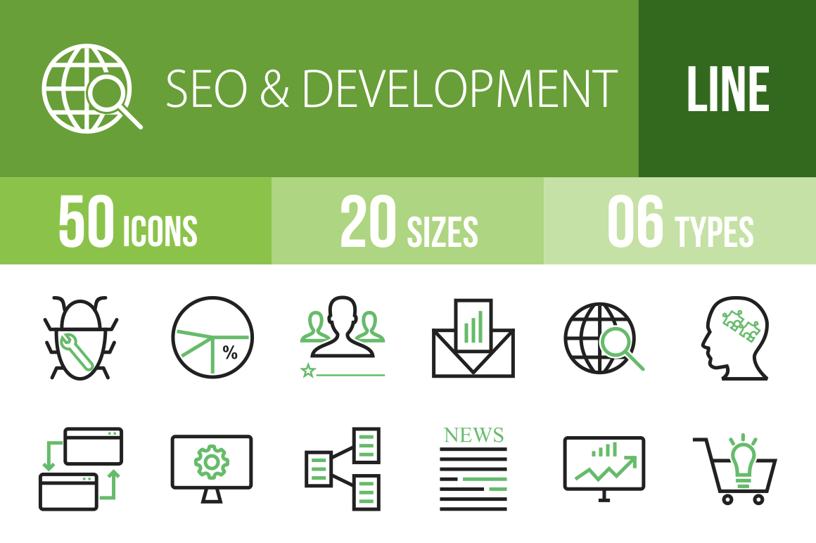50 SEO & Development Line Green Black Icons - Overview - IconBunny